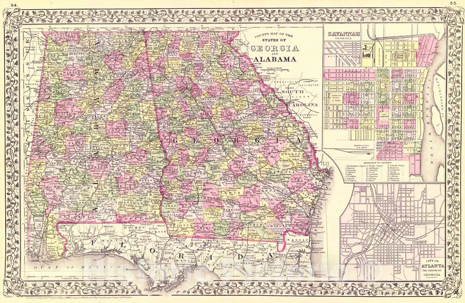 Historic Map : 1883 County Map of the States of Georgia and Alabama : Vintage Wall Art