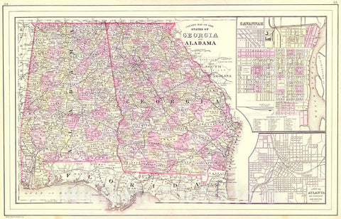 Historic Map : 1886 County Map of the States of Georgia and Alabama : Vintage Wall Art