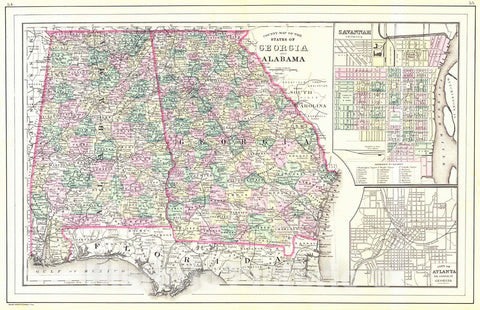 Historic Map : 1887 County Map of the States of Georgia and Alabama : Vintage Wall Art