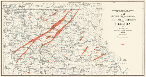 Historic Map : 1909 Map Showing the Distribution of the Gold Deposits of Georgia : Vintage Wall Art