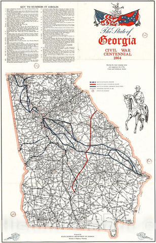 Historic Map : 1964 The State of Georgia, Civil War Centennial, 1864, Showing the Major Campaign Areas and Engagement Sites or the Union and Confederates : Vintage Wall Art