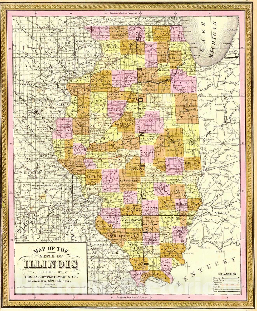 Historic Map : 1850 Map of the State of Illinois : Vintage Wall Art