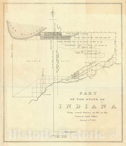 Historic Map : 1831 Part of the State of Indiana From Actual Survey on File in the General Land Office, January 13th 1831 : Vintage Wall Art