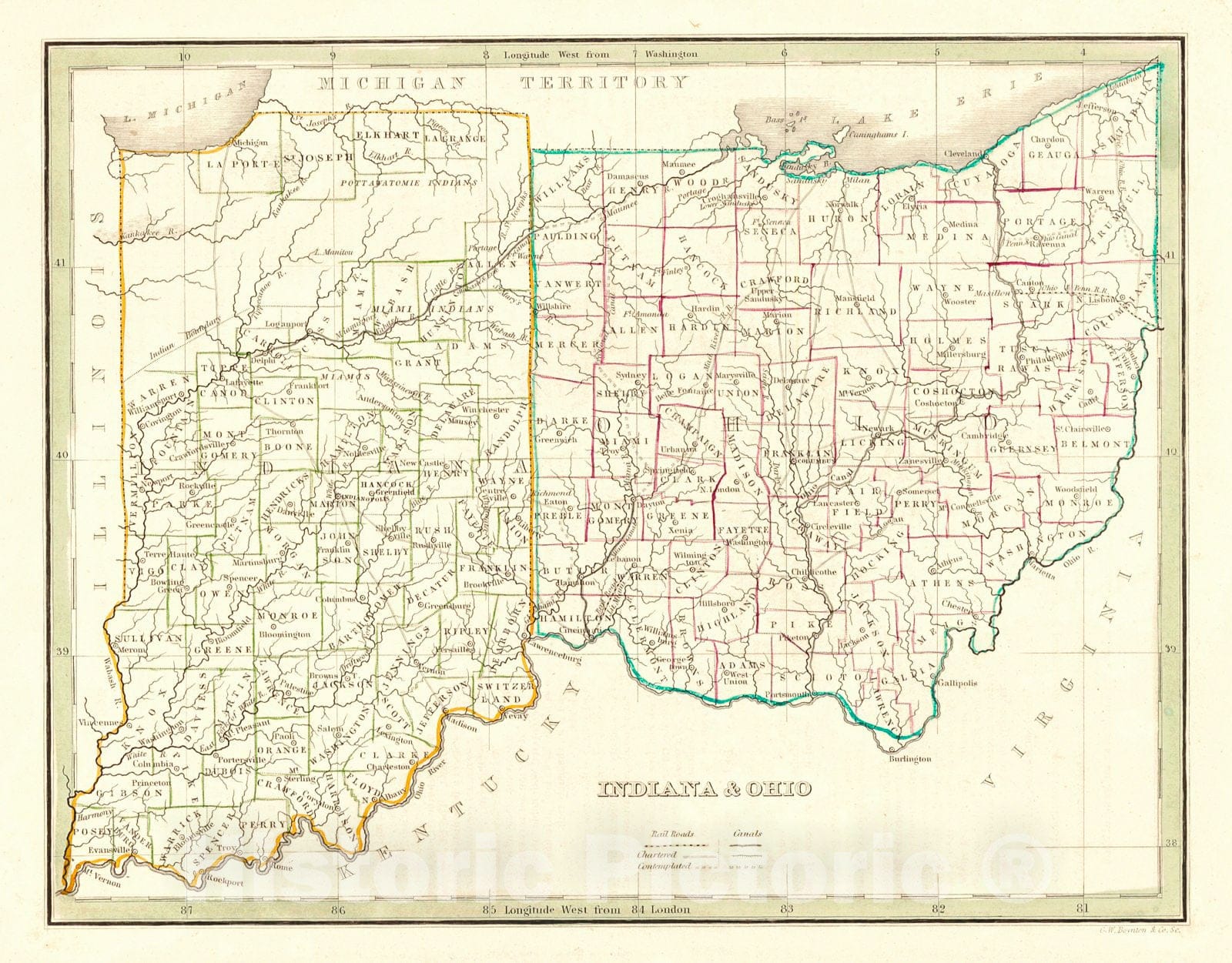 Historic Map : 1835 Indiana & Ohio : Vintage Wall Art