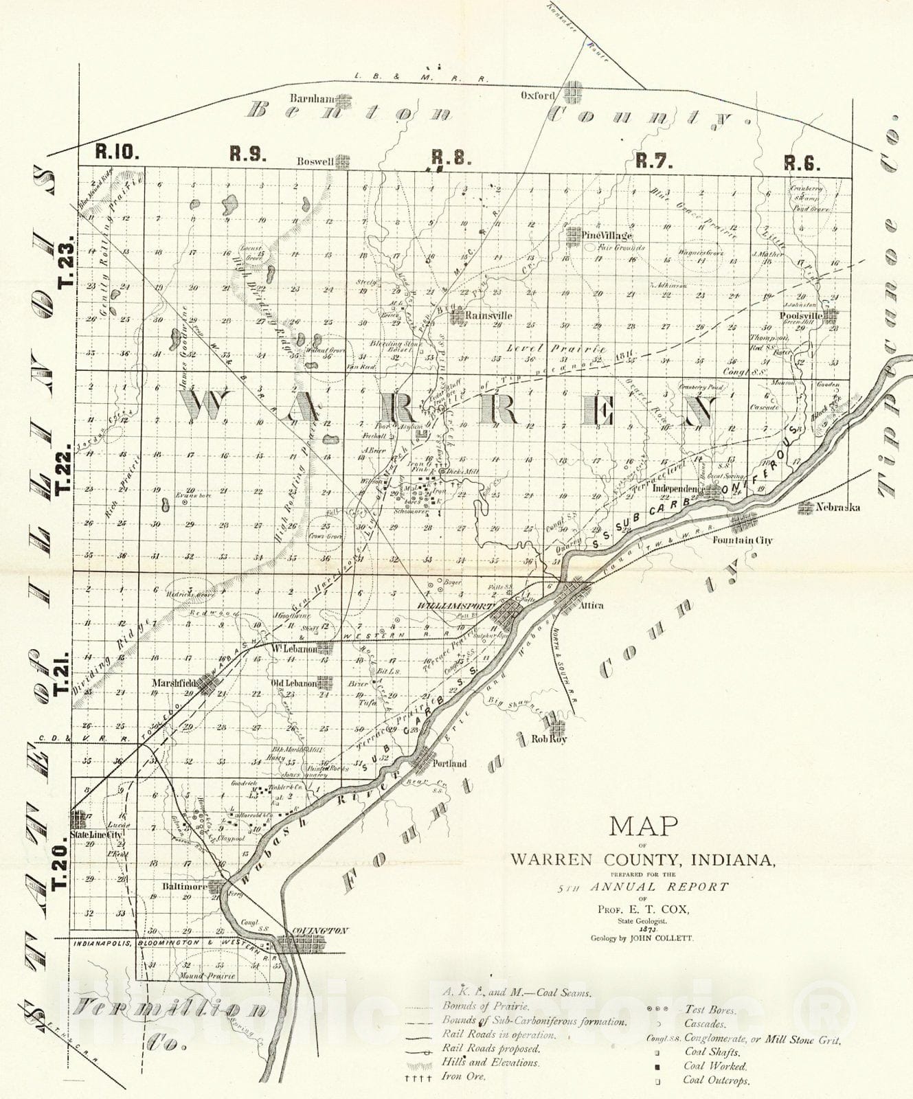 Historic Map : 1873 Map of Warren County, Indiana : Vintage Wall Art