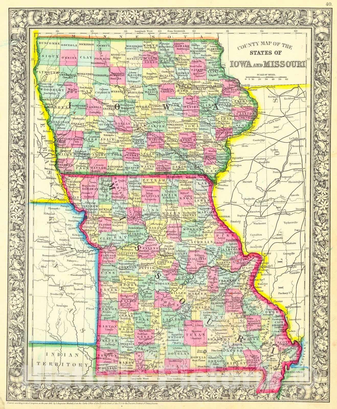 Historic Map : 1861 County Map of the State of Iowa and Missouri : Vintage Wall Art