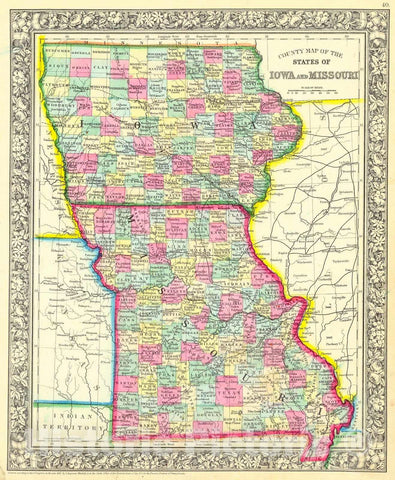 Historic Map : 1861 County Map of the State of Iowa and Missouri : Vintage Wall Art