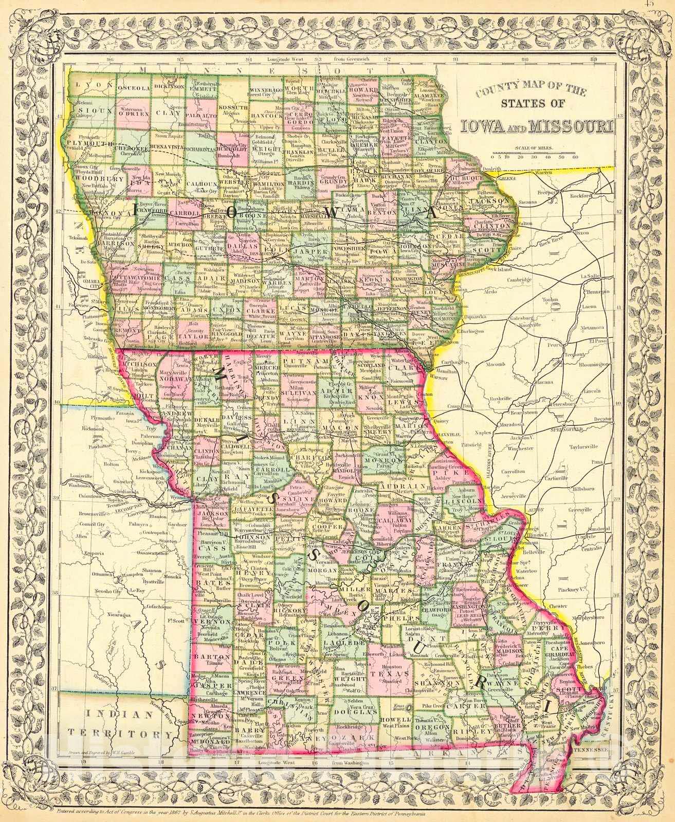 Historic Map : 1867 County Map of the State of Iowa and Missouri : Vintage Wall Art