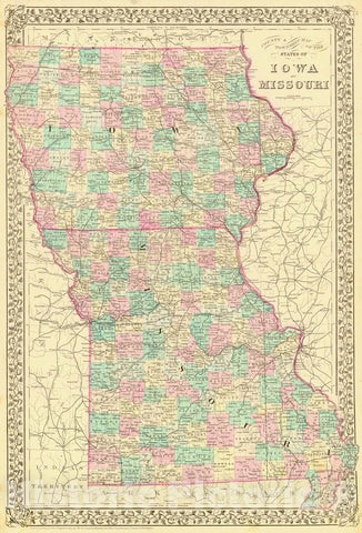 Historic Map : 1880 County & Township Map of the State of Iowa and Missouri : Vintage Wall Art