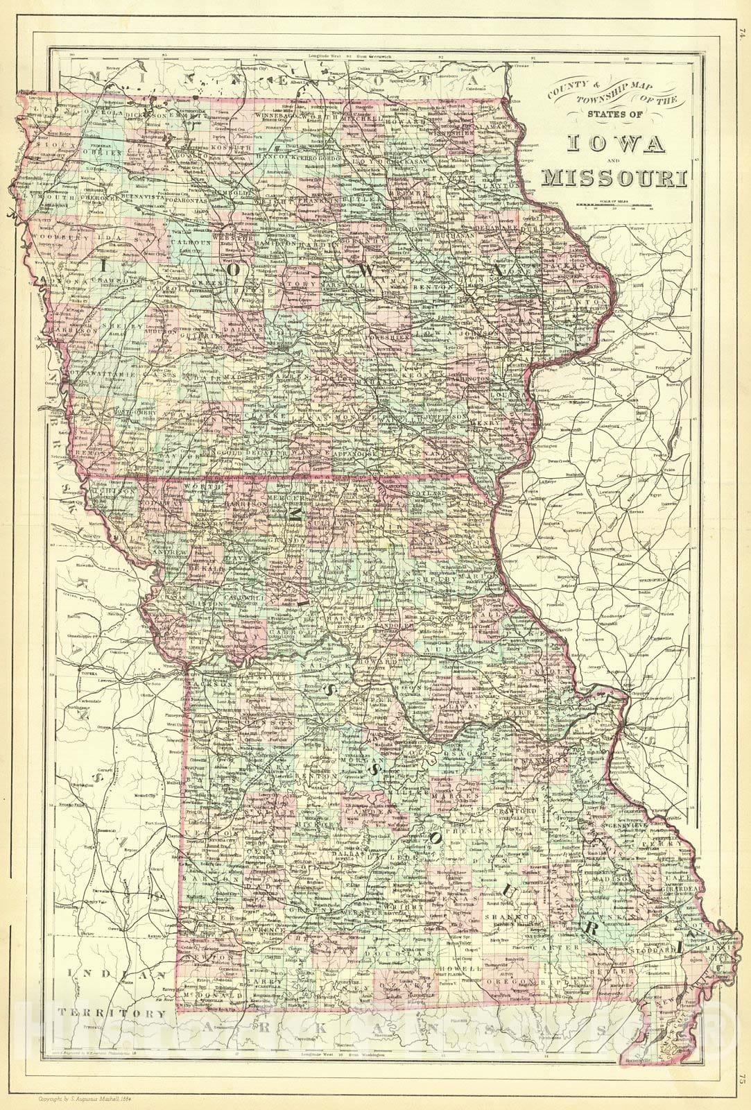 Historic Map : 1886 County and Township Map of the States of Iowa and Missouri : Vintage Wall Art