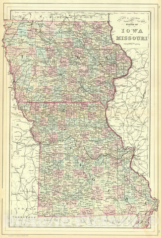 Historic Map : 1886 County and Township Map of the States of Iowa and Missouri : Vintage Wall Art
