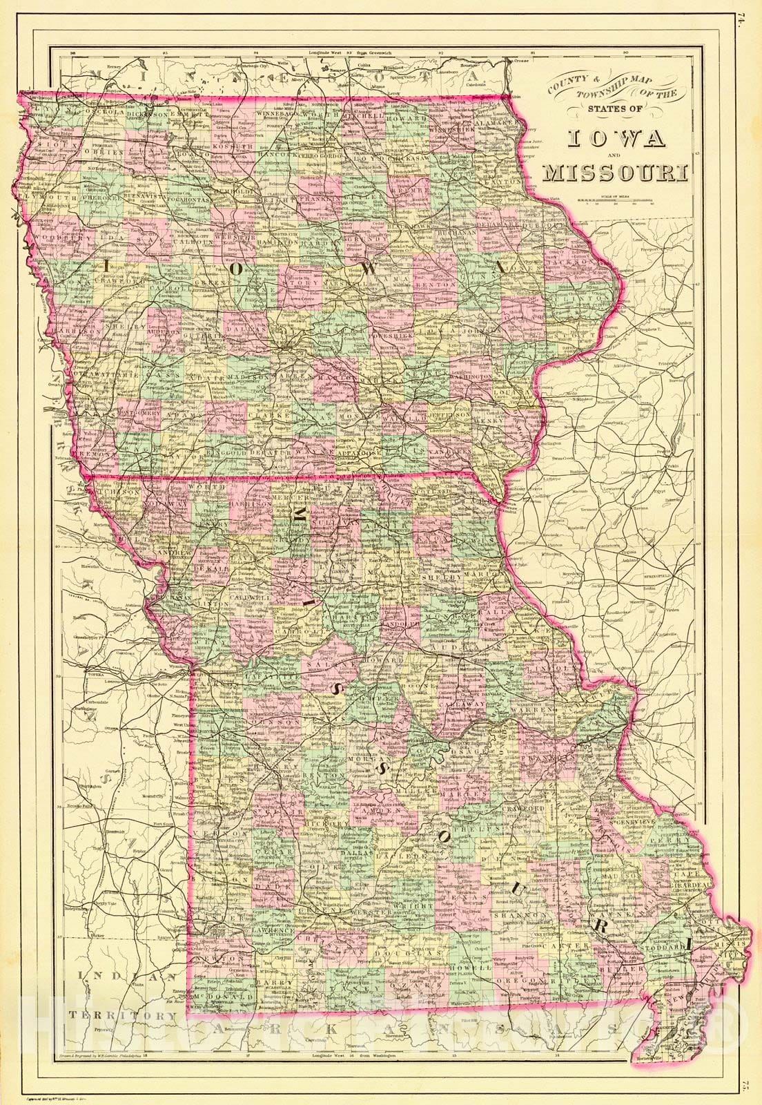 Historic Map : 1888 County & Township Map of the States of Iowa and Missouri : Vintage Wall Art