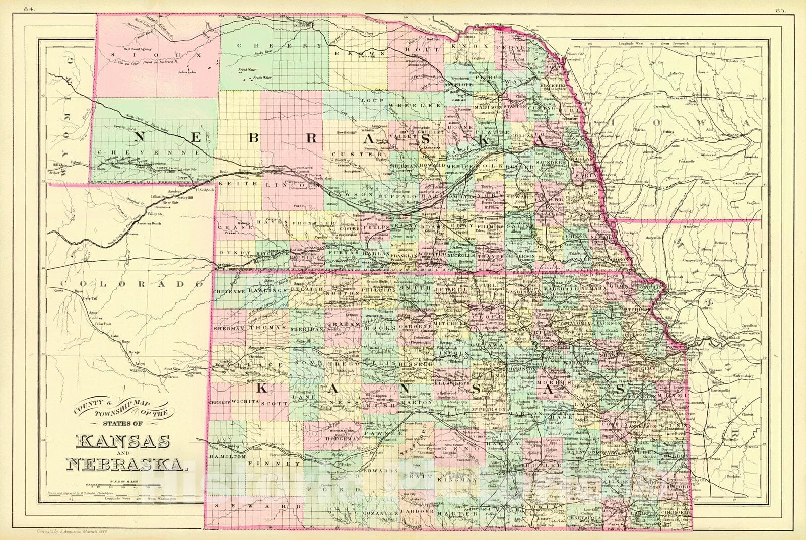 Historic Map : 1884 County & Township Map of the States of Kansas and Nebraska : Vintage Wall Art
