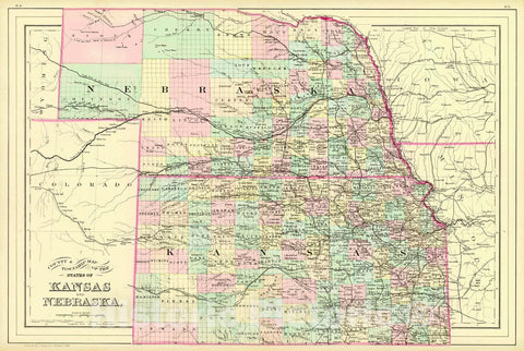 Historic Map : 1884 County & Township Map of the States of Kansas and Nebraska : Vintage Wall Art