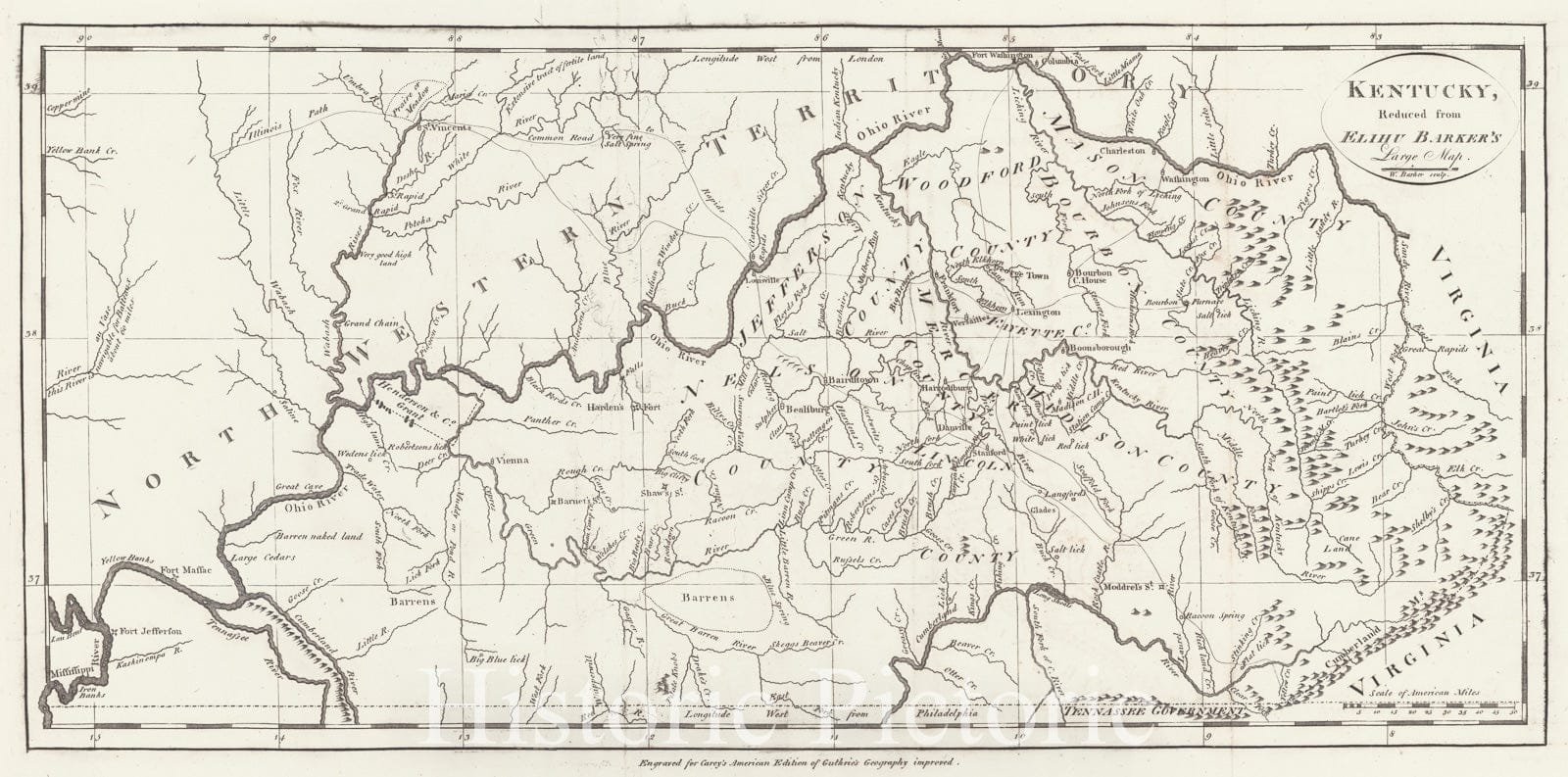 Historic Map : 1795 Kentucky, Reduced from Elihu Barker's Large Map : Vintage Wall Art