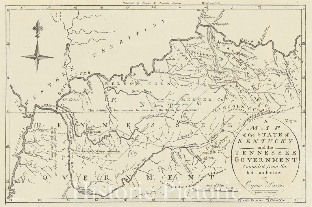 Historic Map : 1796 A Map of the State of Kentucky and the Tennessee Government Compiled from the Best Authorities : Vintage Wall Art
