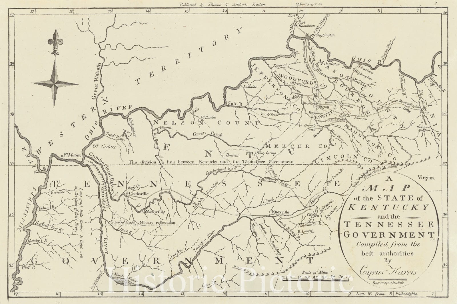 Historic Map : 1796 A Map of the State of Kentucky and the Tennessee Government Compiled from the Best Authorities : Vintage Wall Art