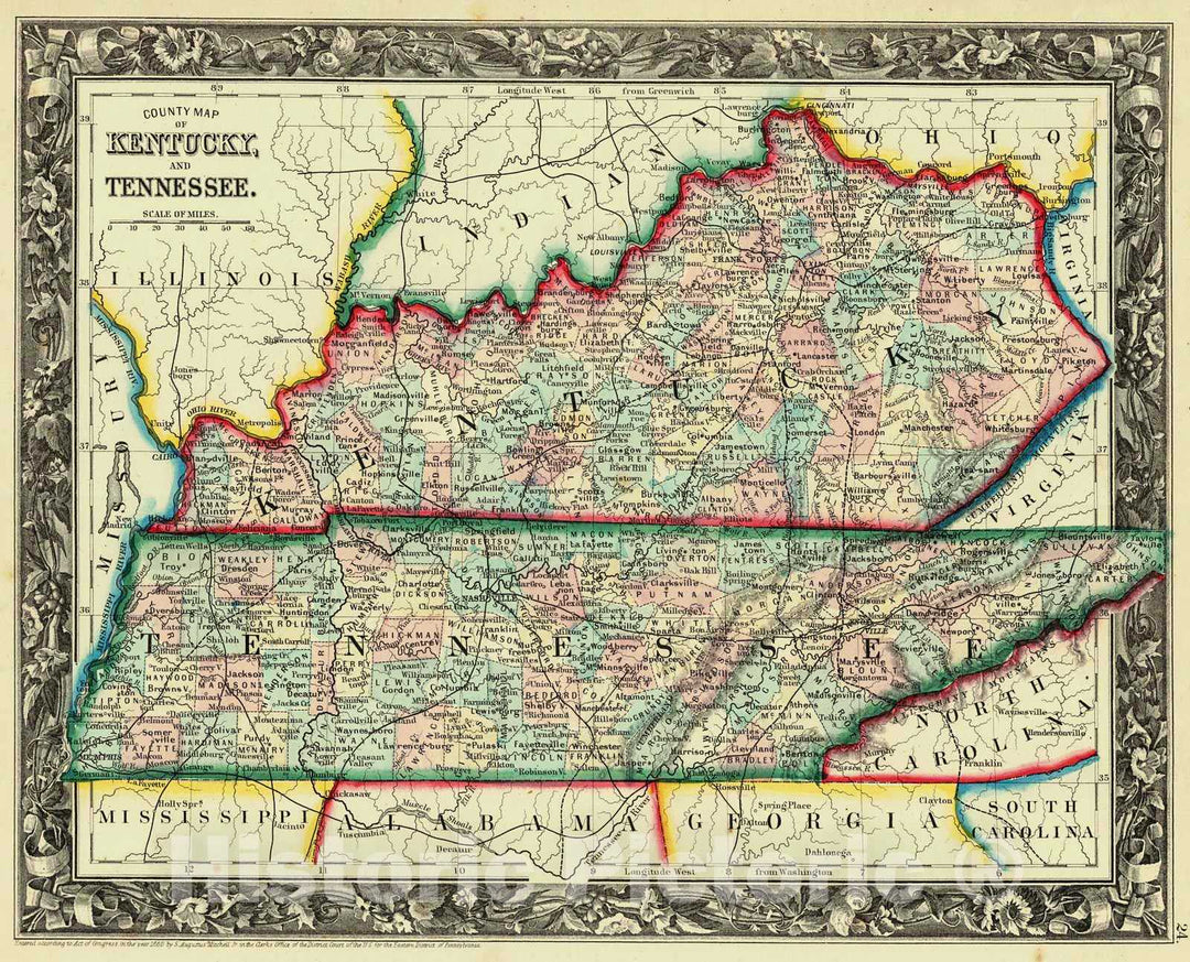 Historic Map : 1861 County Map of Kentucky and Tennessee : Vintage Wall Art