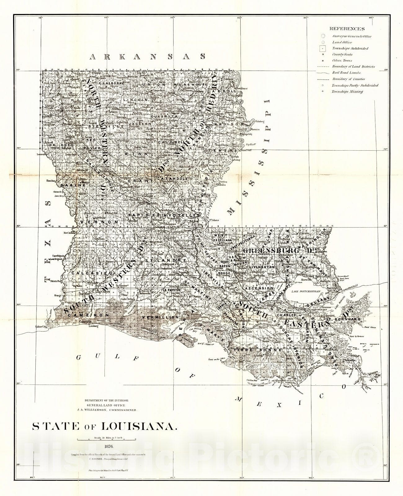 Historic Map : 1876 State of Louisiana : Vintage Wall Art