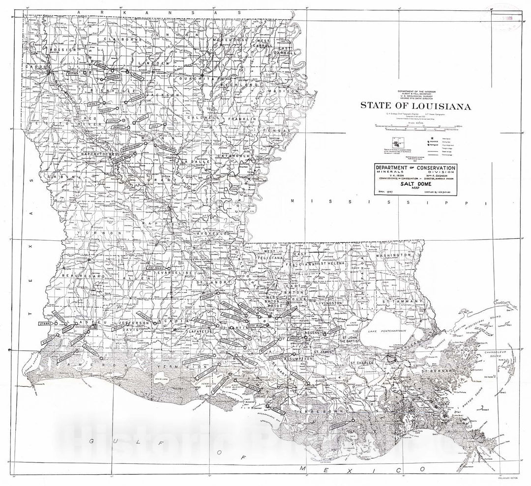 Historic Map : 1927 Salt Dome Map (overprinted on a U.S.G.S. 1:500,000 base map from 1922) : Vintage Wall Art