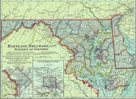 Historic Map : 1909 Maryland, Delaware and the District of Columbia : Vintage Wall Art