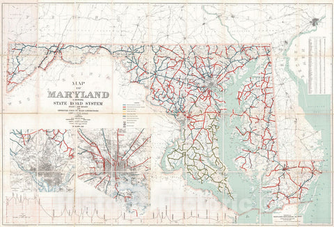 Historic Map : 1930 Map of Maryland Showing State Road System : Vintage Wall Art