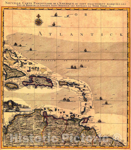 Historic Map : 1737 Nouvelle Carte Particuliere de L'Amerique / New Map of America with Islands of Bermuda, Iamaique, Saint Dominigue, the Antilles : Vintage Wall Art