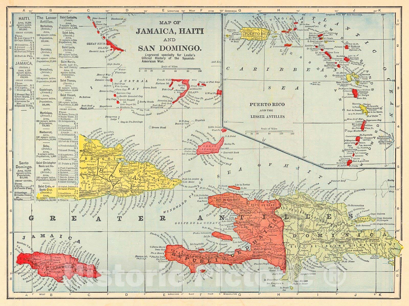 Historic Map : 1899 Map of Jamaica, Haiti and San Domingo  : Vintage Wall Art