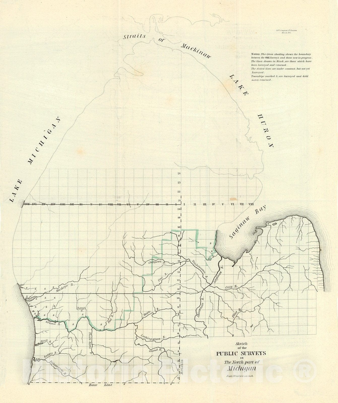 Historic Map : 1837 Sketch of the Public Survey's in the North Part of Michigan : Vintage Wall Art