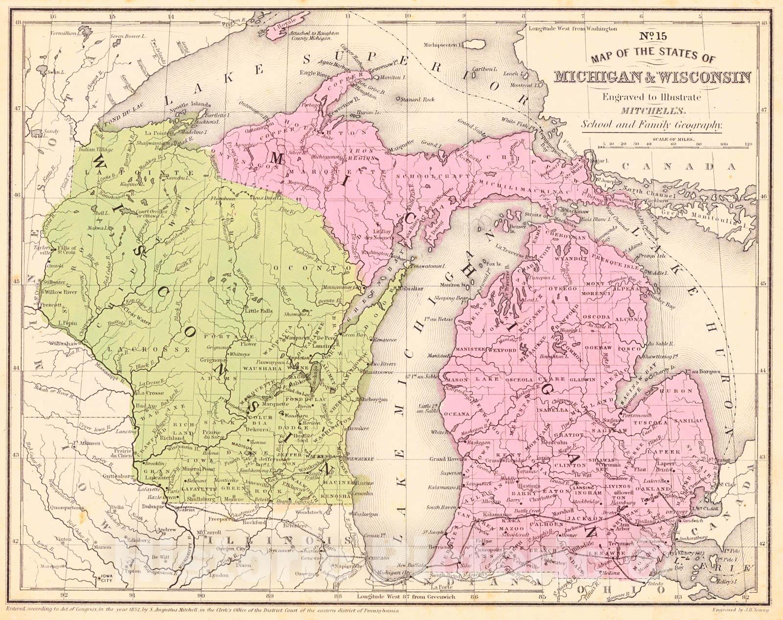 Historic Map : 1853 No. 15 Map of the States of Michigan & Wisconsin : Vintage Wall Art