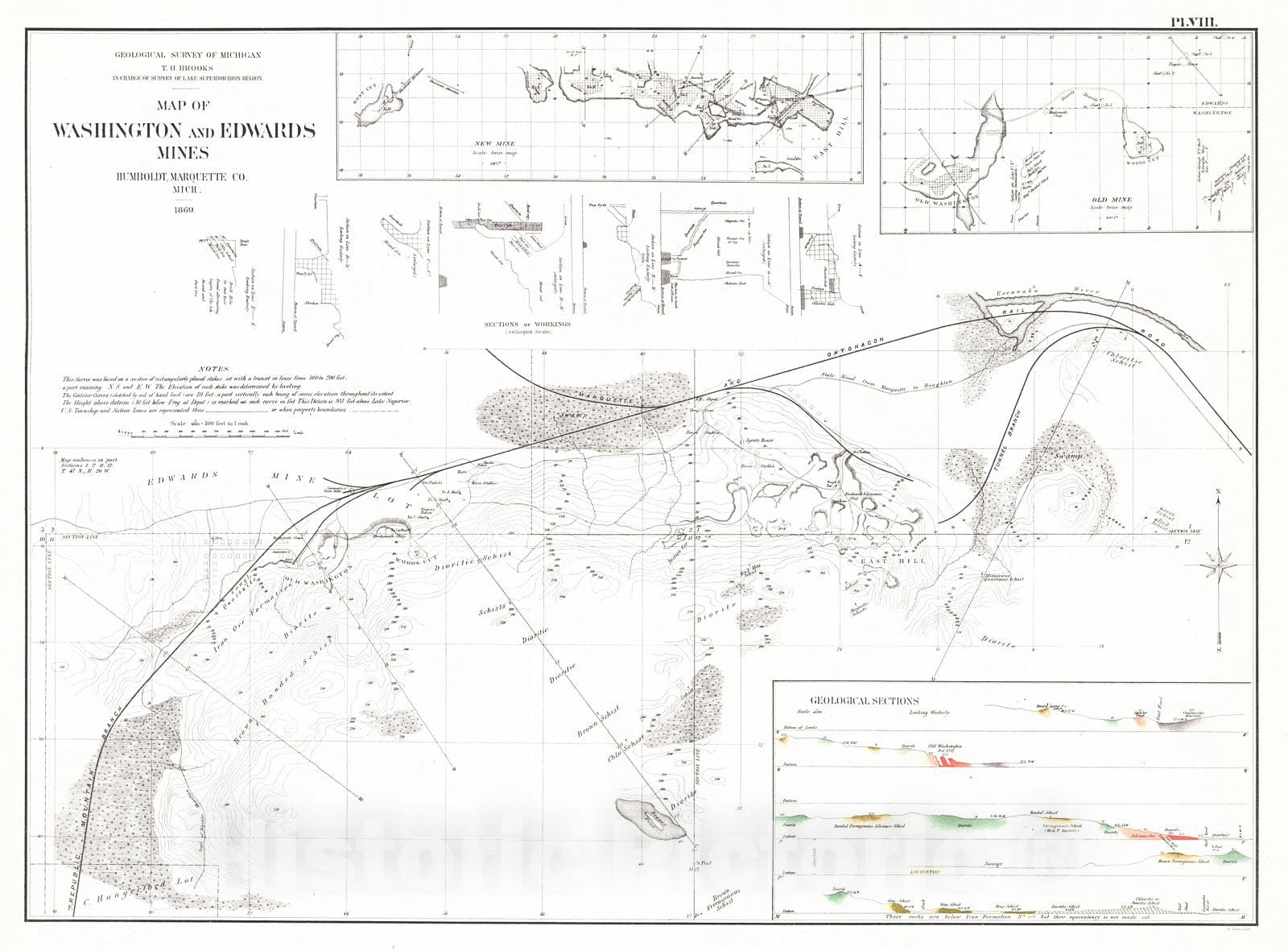 Historic Map : 1873 Map of Washington and Edwards Mines. Humboldt, Marquette Co., Michigan : Vintage Wall Art
