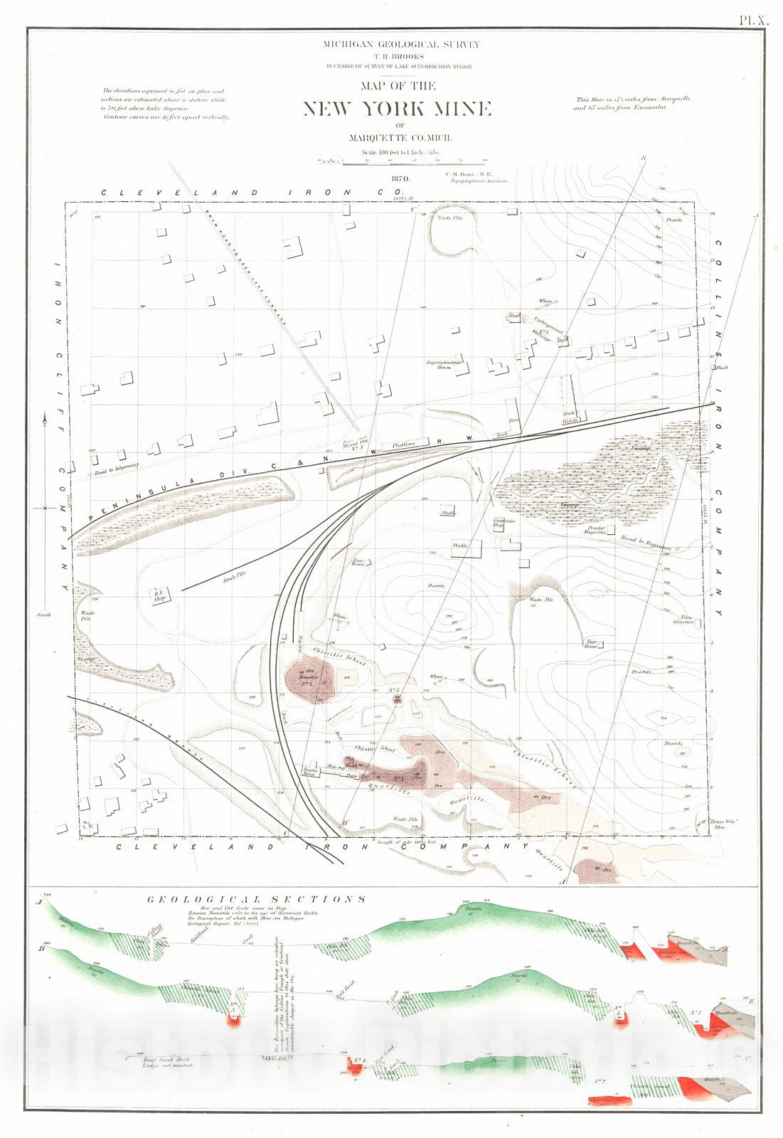 Historic Map : 1873 Map of the New York Mine of Marquette Co., Michigan : Vintage Wall Art
