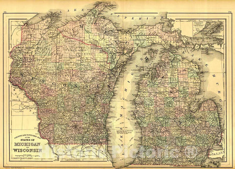 Historic Map : 1887 County and Township Map of the States of Michigan and Wisconsin : Vintage Wall Art