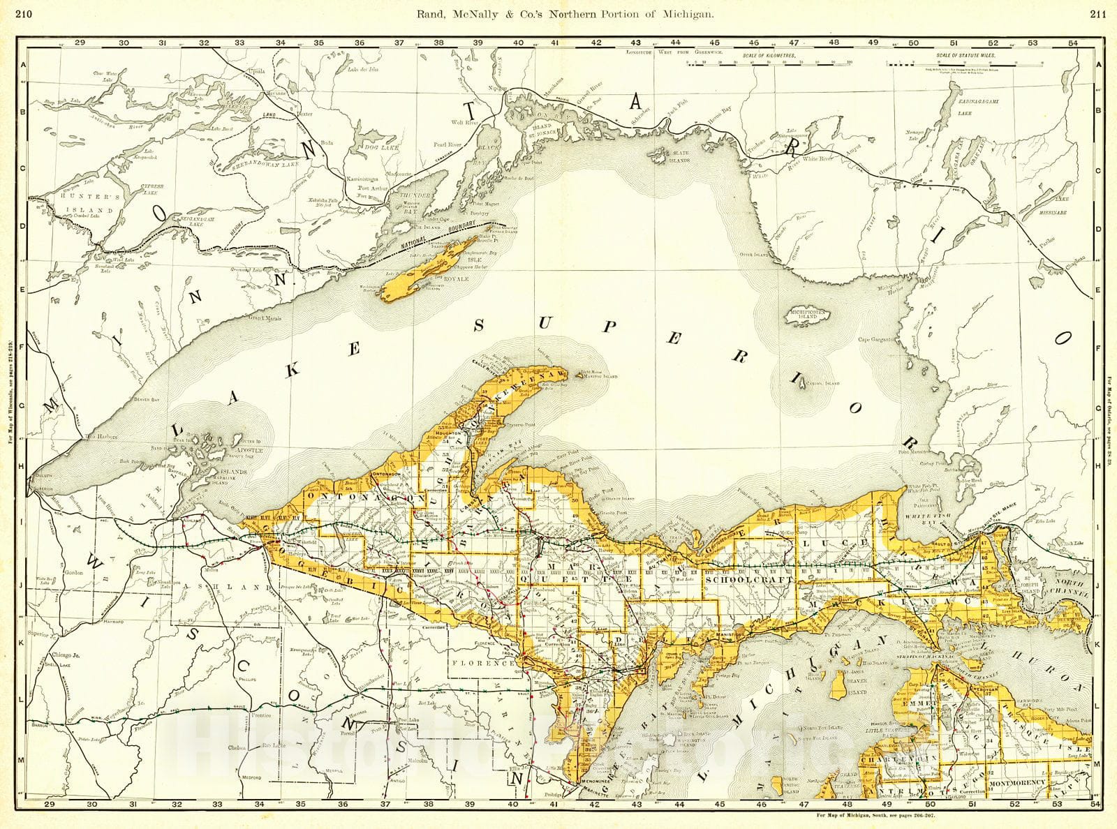 Historic Map : 1889 Rand McNally & Co.'s Northern Portion of Michigan : Vintage Wall Art