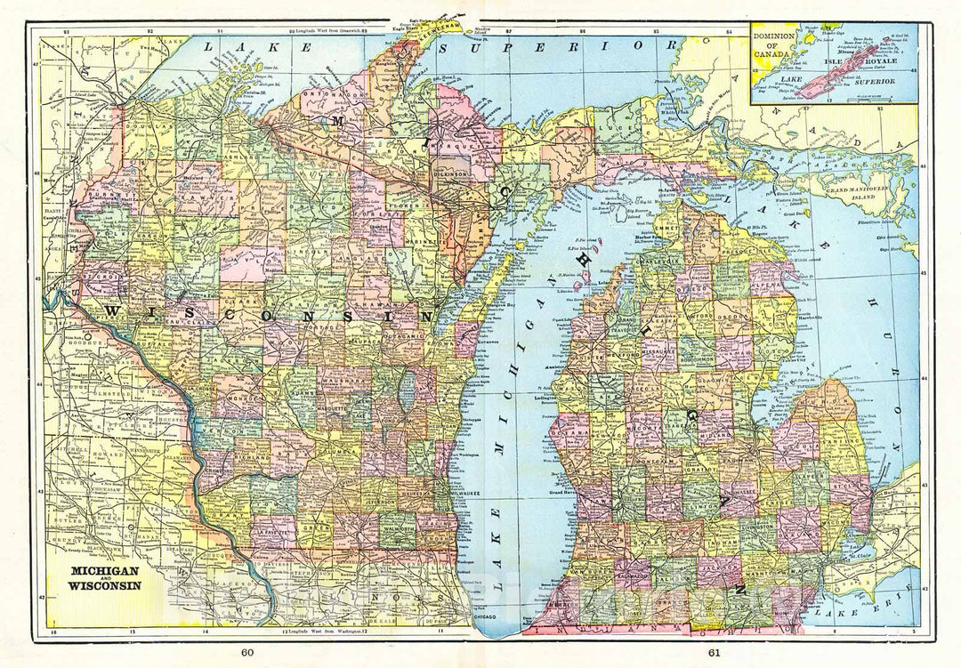 Historic Map :  Michigan and Wisconsin, , 1898 : Vintage Wall Art