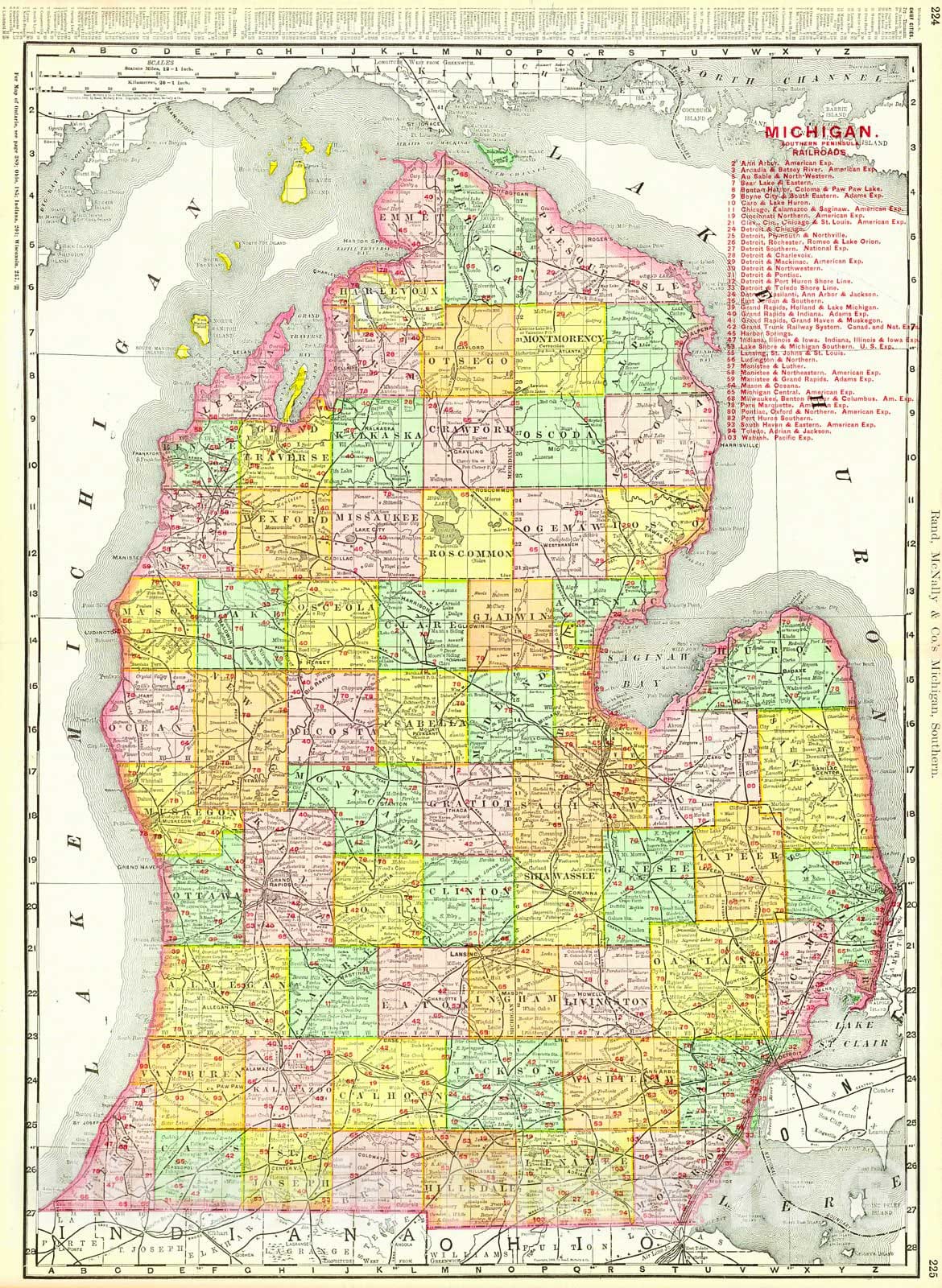 Historic Map : 1902 Rand McNally & Co.'s New Business Atlas Map of Michigan [Southern] : Vintage Wall Art