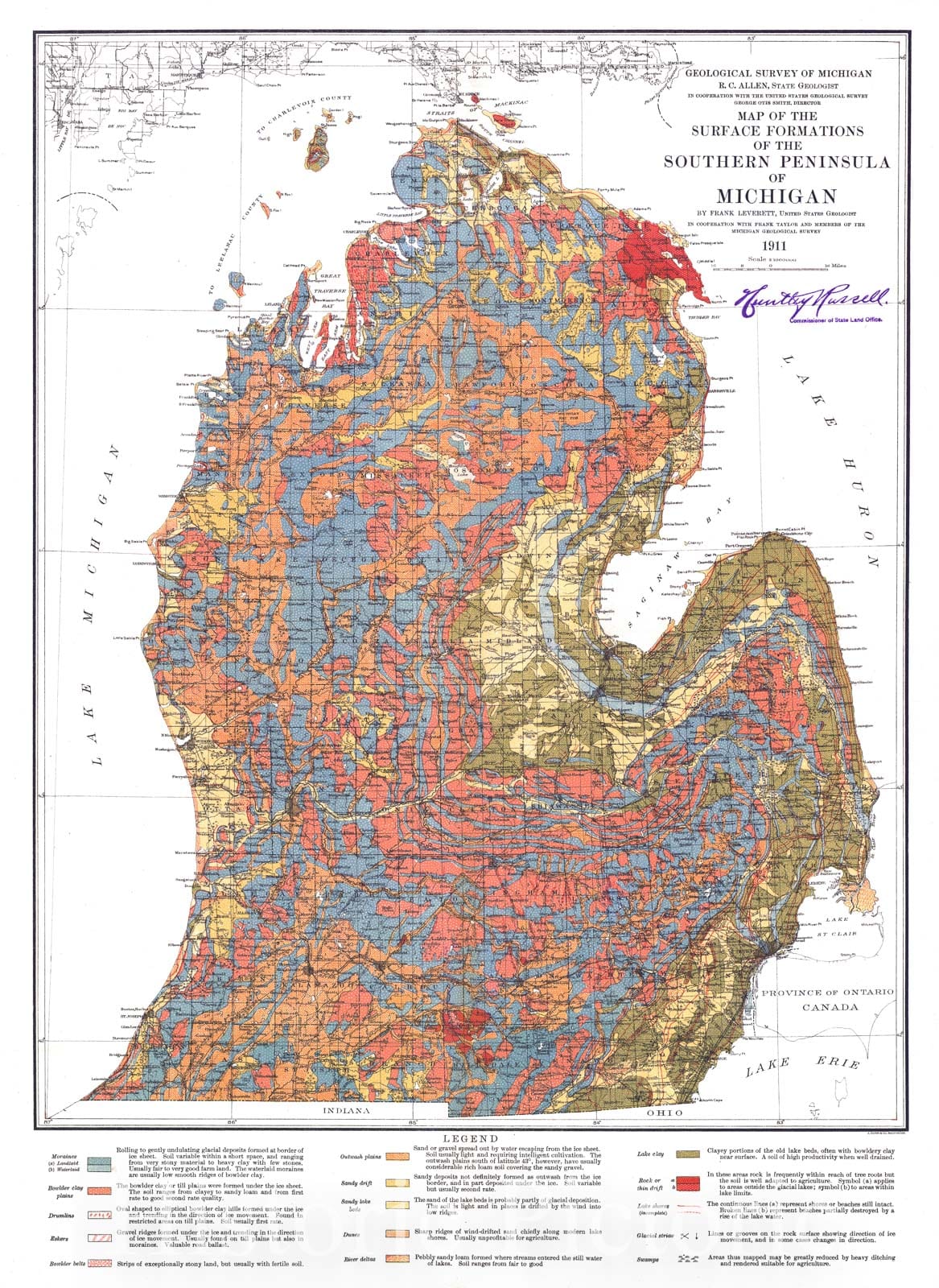 Historic Map : 1911 Map of the Surface Formations of the Southern Peninsula of Michigan : Vintage Wall Art