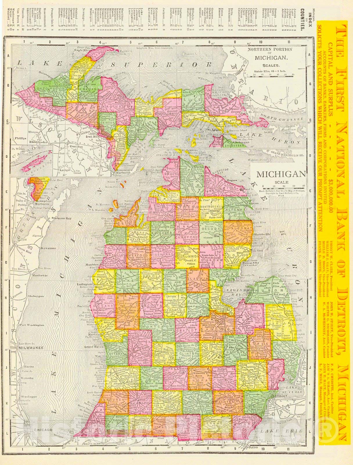 McNally's 1928 Map Of Michigan (Southern Section) - Art Source International