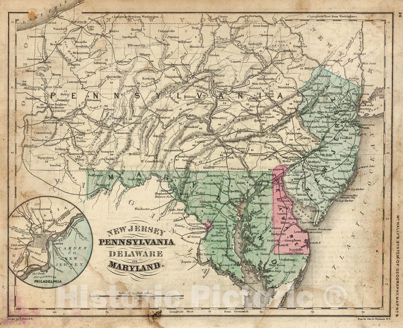 Historic Map : 1865 New Jersey, Pennsylvania, Delaware and Maryland : Vintage Wall Art