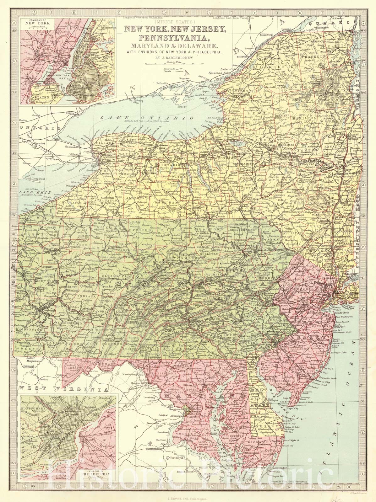 Historic Map : 1870 (Middle States) New York, New Jersey, Pennsylvania, Maryland, & Delaware with Environs of the New York and Philadelphia : Vintage Wall Art