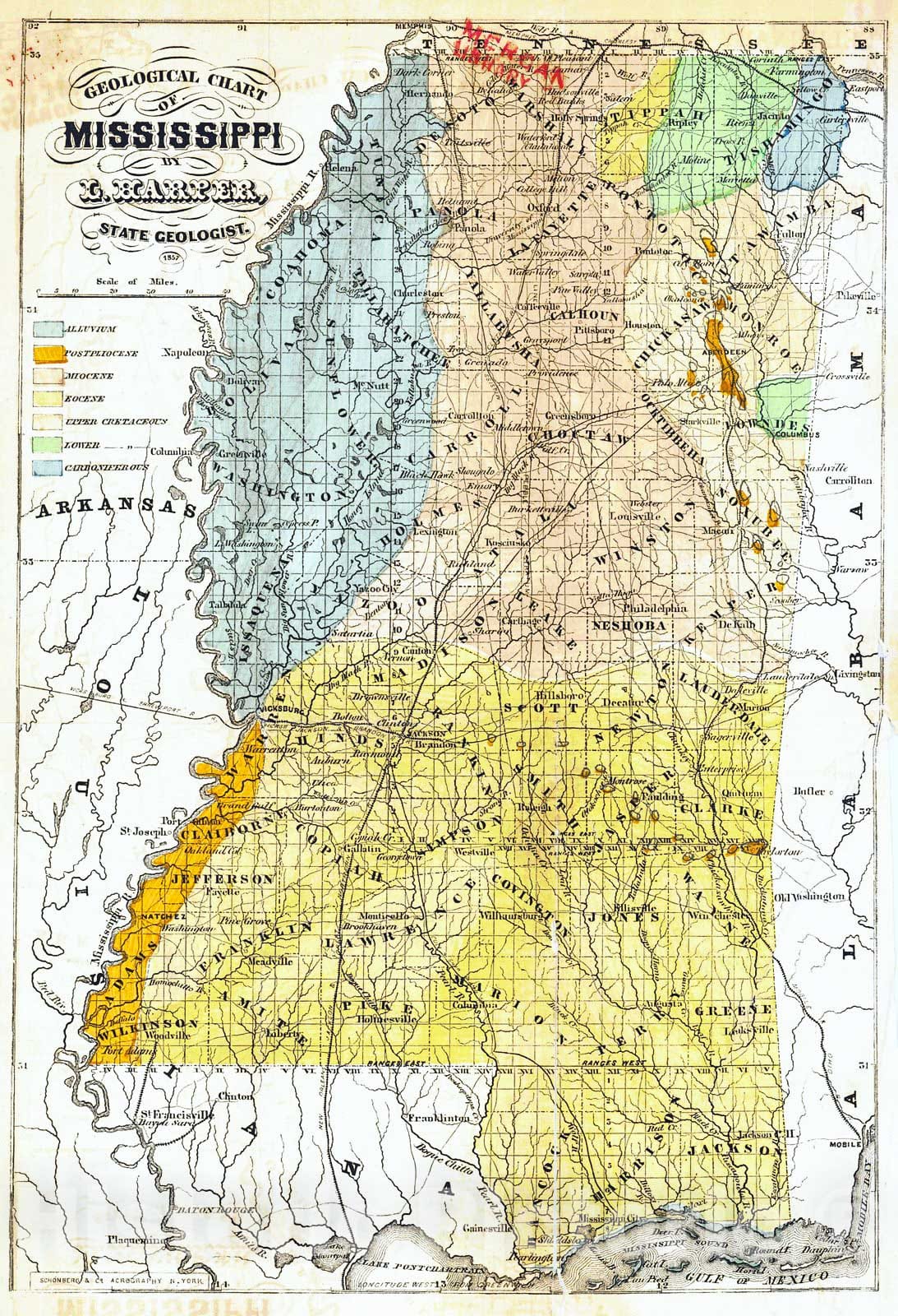 Historic Map : 1857 Geological Chart of Mississippi (from Preliminary Report on the Geology and Agriculture of the State of Mississippi) : Vintage Wall Art