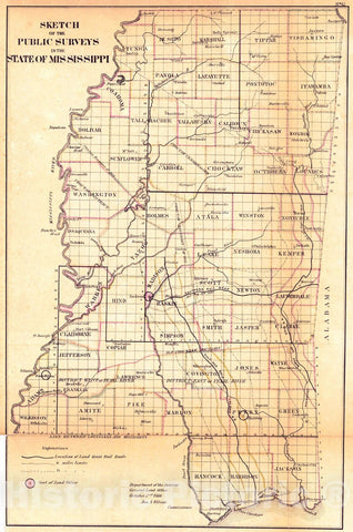 Historic Map : 1866 Sketch of the Public Surveys in the State of Mississippi : Vintage Wall Art