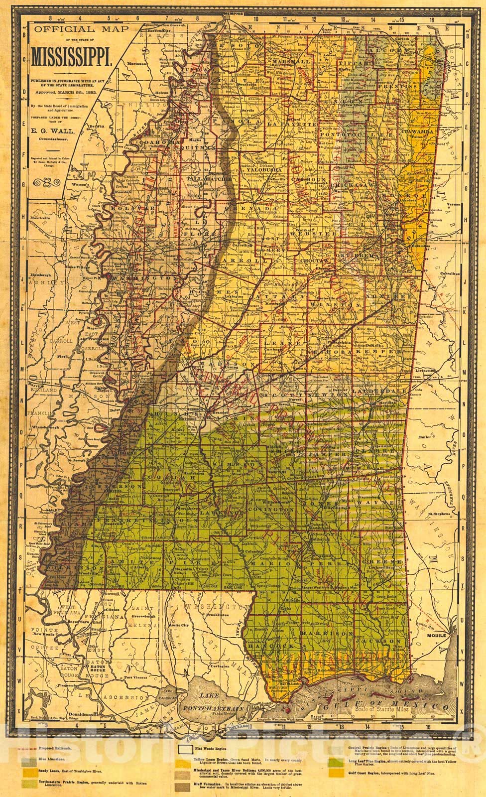 Historic Map : 1:1,152,000 Official Map of the State of Mississippi : Vintage Wall Art