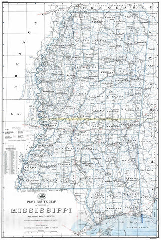 Historic Map : 1937 Post Route of the State of Mississippi Showing Post Offices : Vintage Wall Art