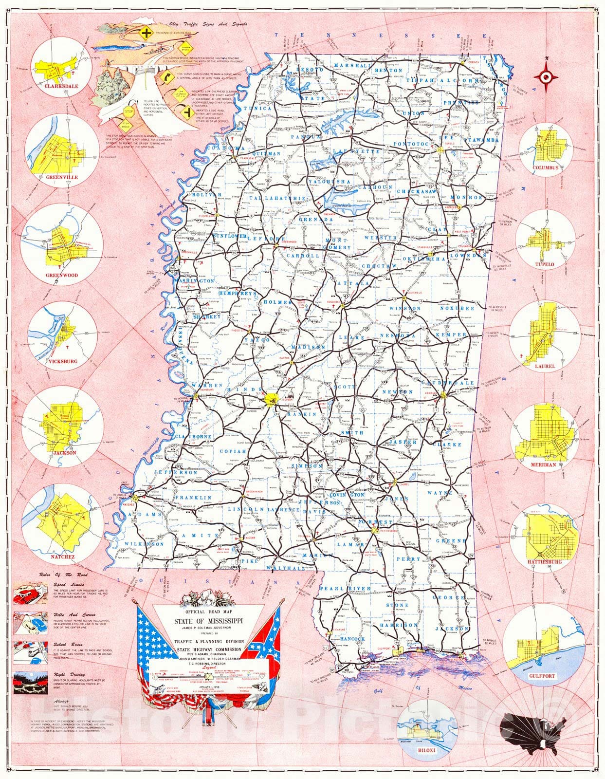Historic Map : 1956 Official Road Map State of Mississippi : Vintage Wall Art