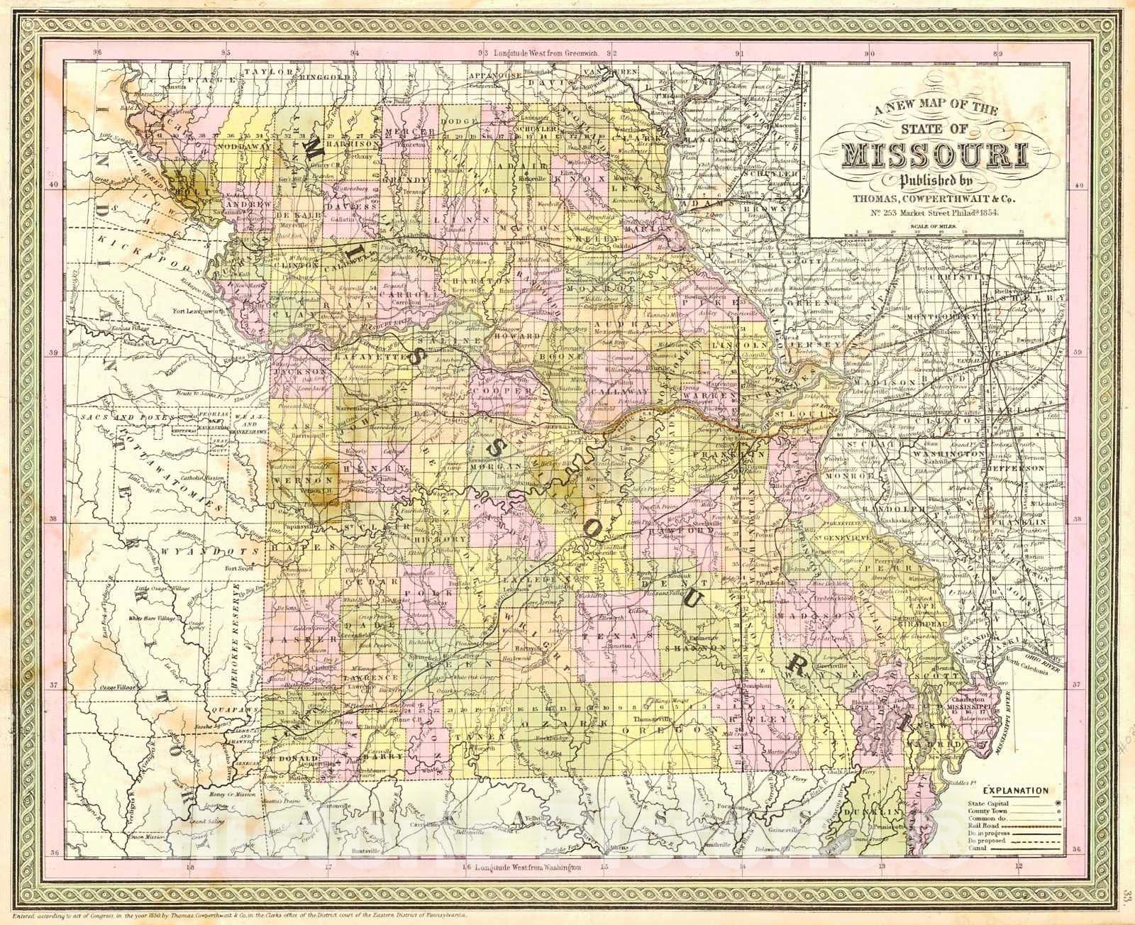 Historic Map : 1854 A New Map of the State of Missouri : Vintage Wall Art