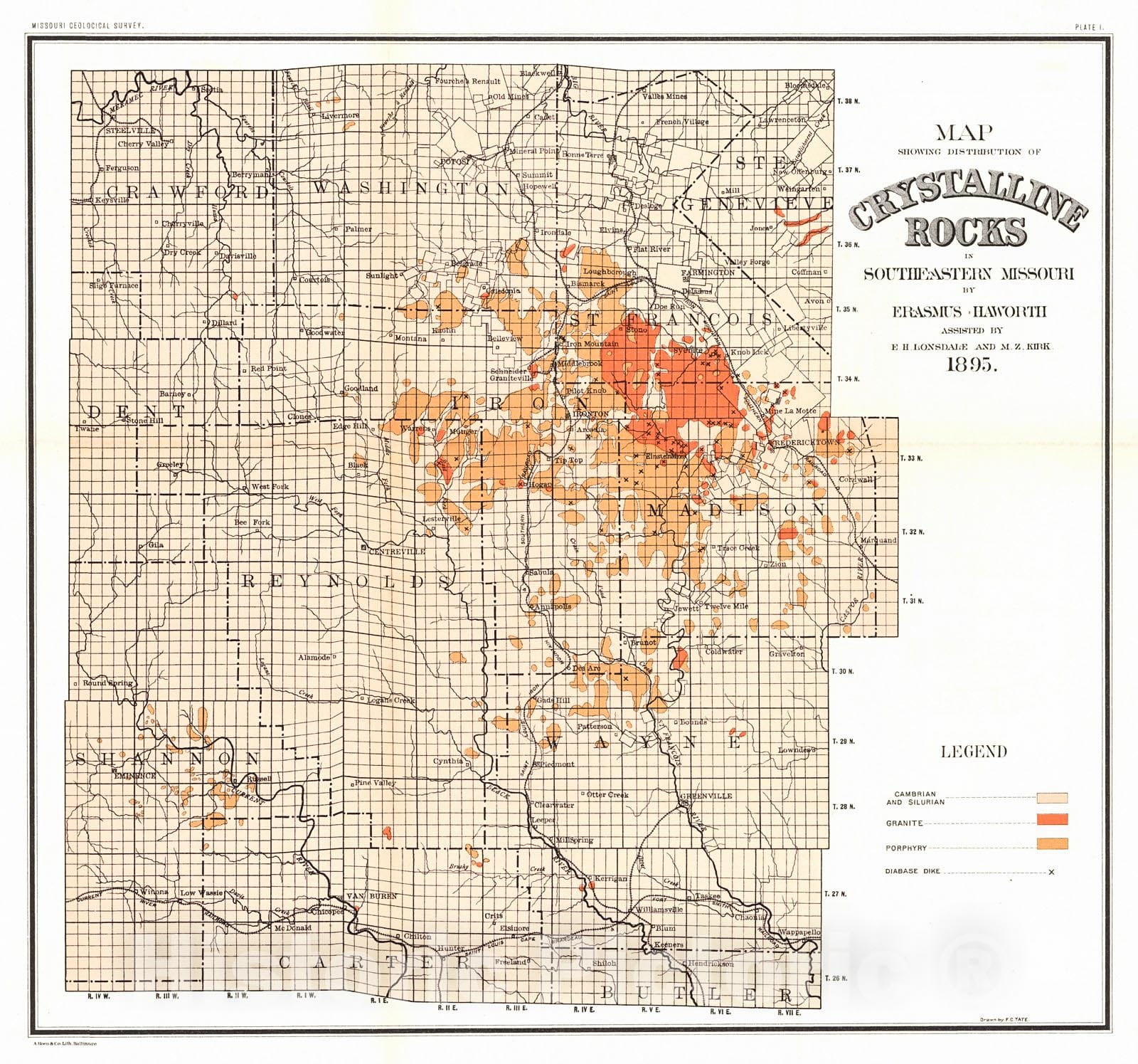 Historic Map : 1895 Map Showing Distribution of Crystalline Rock in So ...