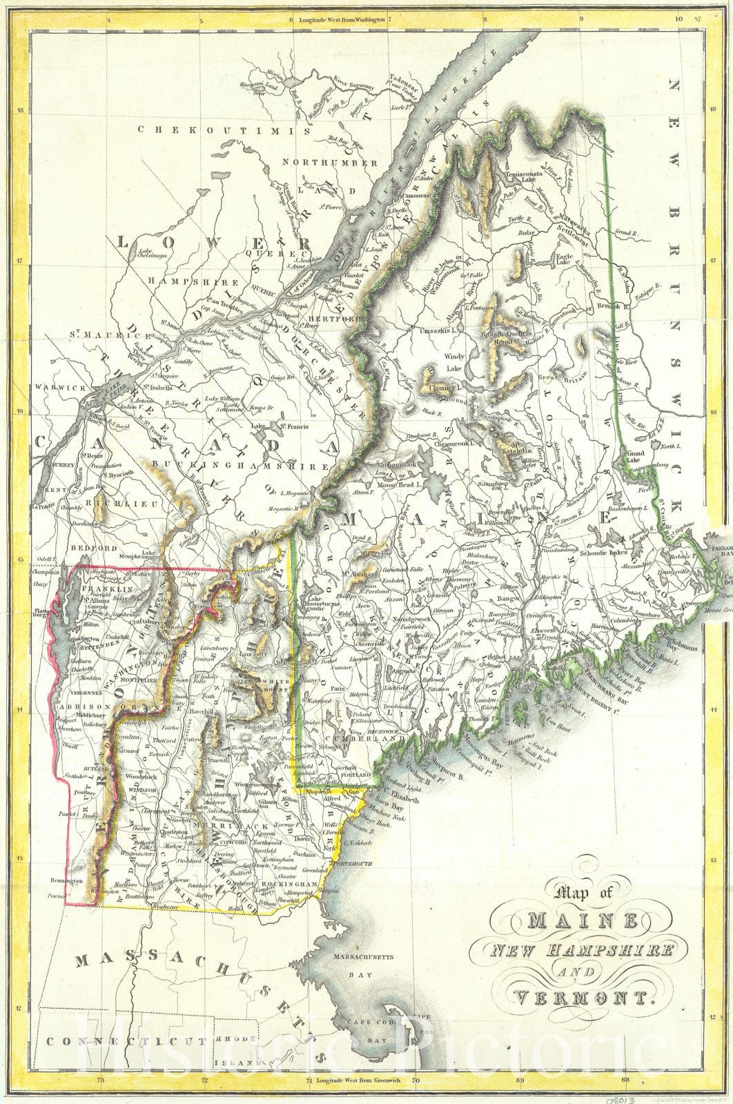 Historic Map : 1832 Map of Maine, New Hampshire and Vermont  : Vintage Wall Art