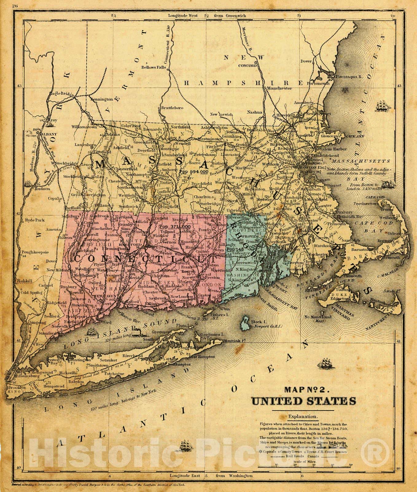 Historic Map : 1855 Map No.2, United States (Massachusetts, Connecticut and Rhode Island) : Vintage Wall Art