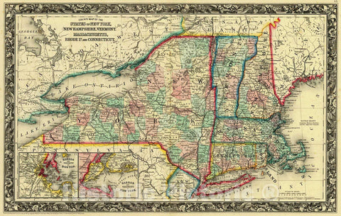 Historic Map : 1861 County Map of the States of New York, New Hampshire, Vermont, Massachusetts, Rhode Island and Connecticut : Vintage Wall Art